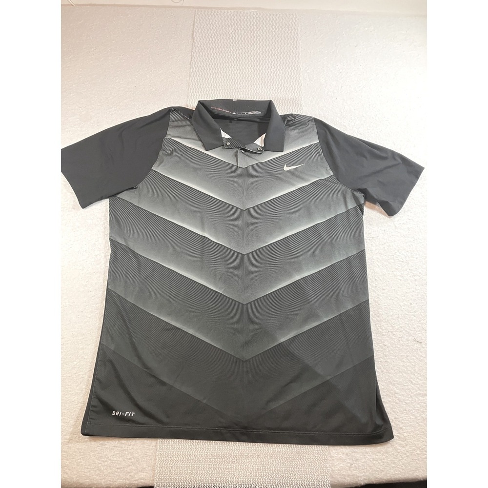 Nike Tiger Woods Collection Golf Polo Shirt Mens L Black Grey Dri-FIT Chevron